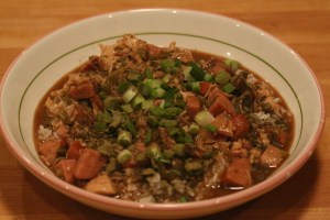 A bowl of chicken and andouille gumbo