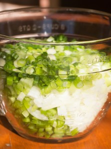 The bowl of chopped vegetables ready to be dumped into the roux