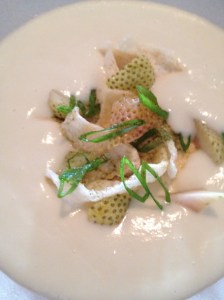 Chilled spring onion soup, bay shrimp, green strawberries