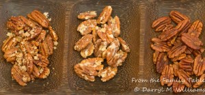 From left, salted butter-roasted pecans, Karen's orange pecans, Jean's Texas barbeque pecans